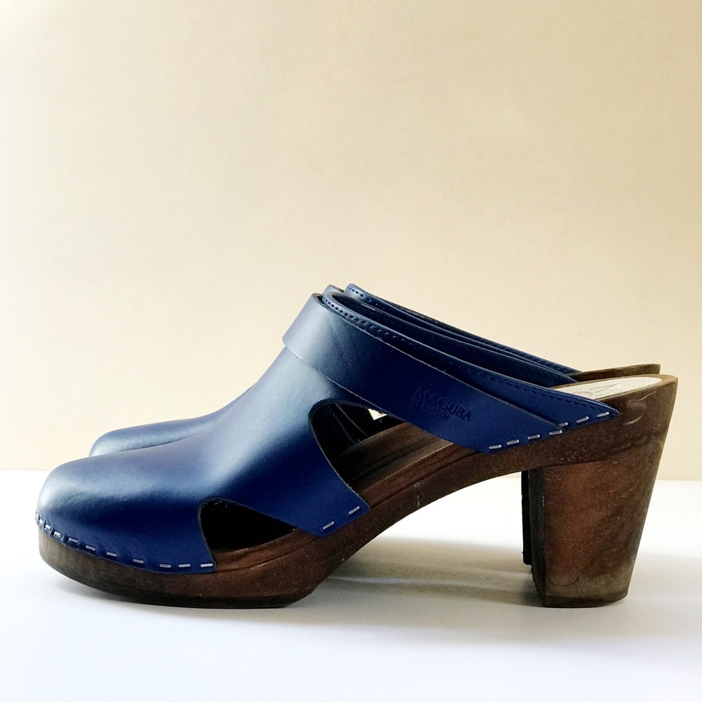 Cobalt Blue Leather Maguba Wood Mule Clogs SZ 10